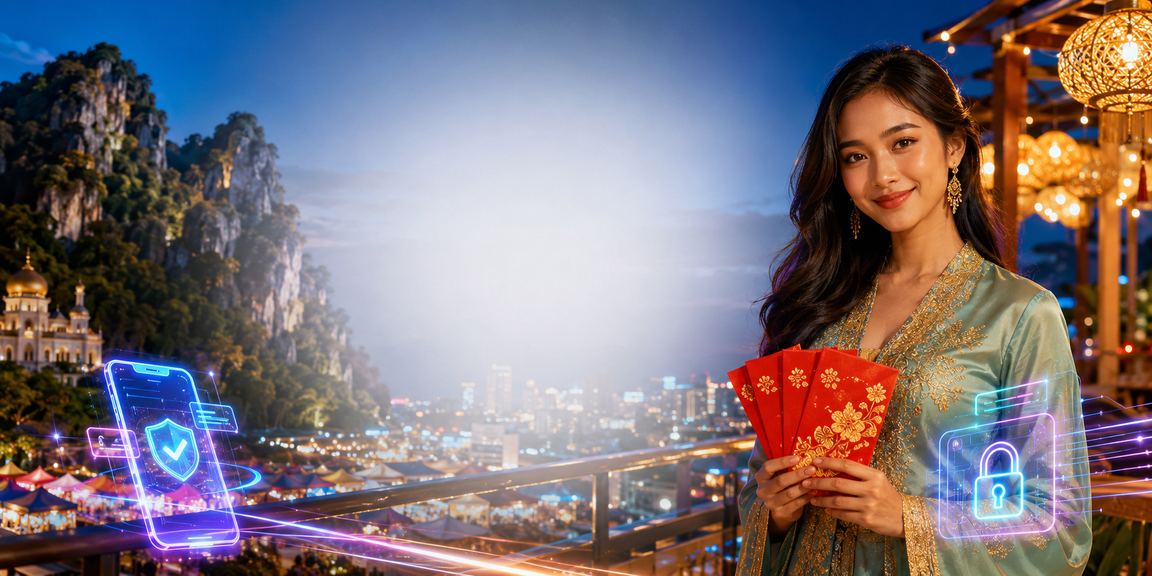 Sampul merah bonus Hari Raya gaya Malaysia di Ipoh dengan suasana perayaan penuh warna