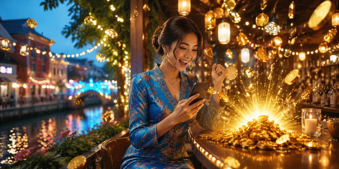 A female player in a baju kurung enjoying casino slot games in Melaka in a vibrant atmosphere