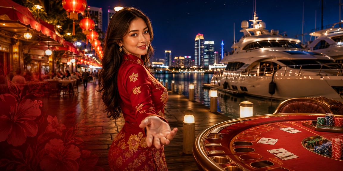 Meja baccarat kasino bergaya Malaysia dengan suasana malam berpendar