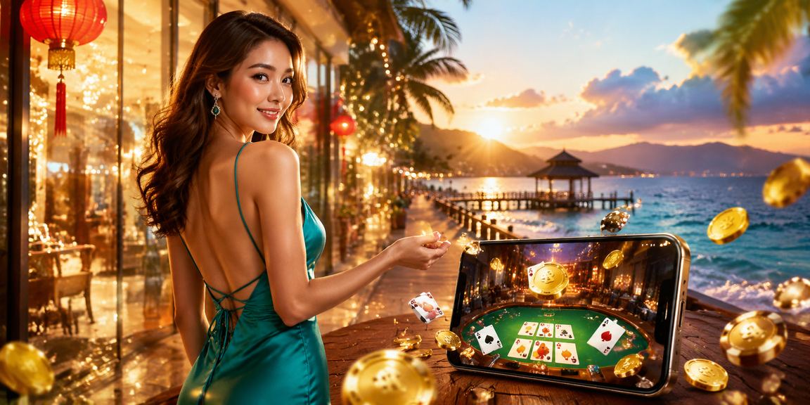 Pemain Malaysia bermain permainan kad Teen Patti gaya kasino di Penang dengan suasana malam