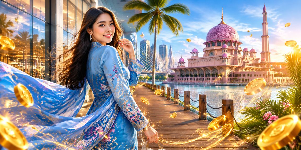 Pengguna wanita berbaju kurung menikmati permainan kasino slot di Putrajaya pada waktu malam